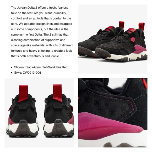 Nike | Women’s Jordan Delta 2 Sneakers in Black Gym Red Sail Chile Red | 10 New - Picture 2 of 16
